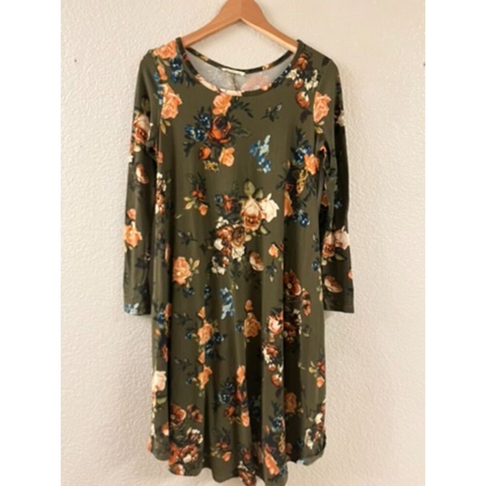 Reb & J. Boutique Forest‎ Green Floral Midi Swing Dress EUC Small